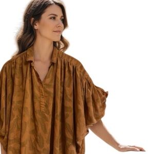 MIP Oversized Boho Button-Front Blouse | Rust Brown Leaf Print | One Size